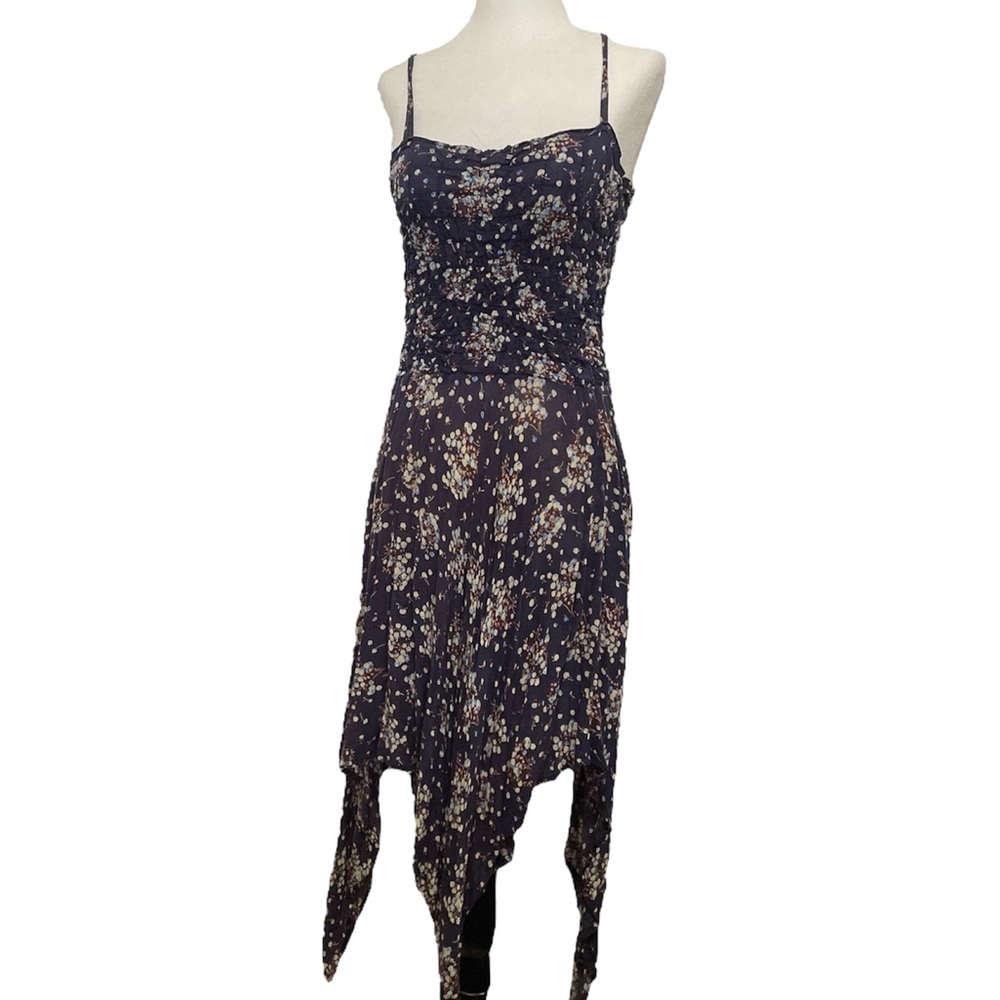 Blue ruched floral handkerchief dress